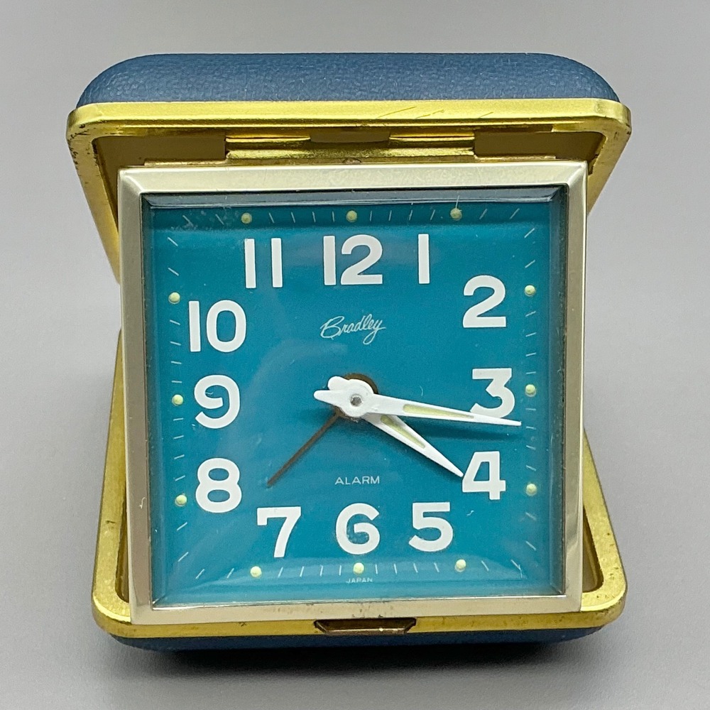 Bradley Vintage Travel Alarm Clock Blue Folding Case Wind Up Made in Japan WORKS